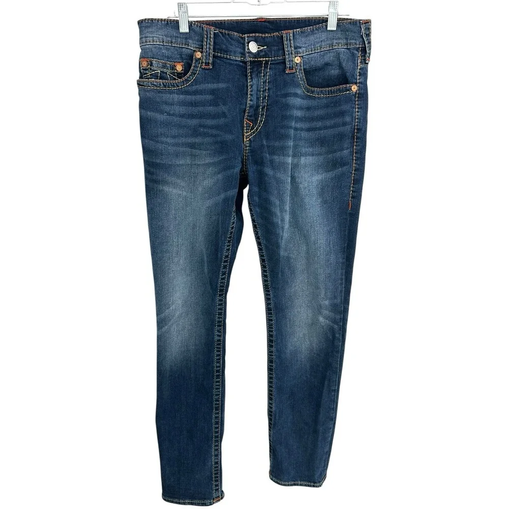 True Religion Mens 34x32 Geno Relaxed Slim Jeans Blue Stretch Logo RN112790